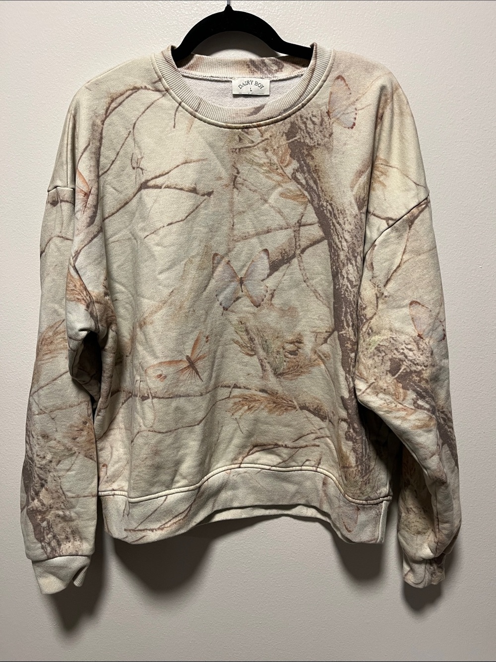 DAIRY BOY Butterfly Camo Crewneck Sweatshirt Woodland Tree Camouflage, Size L